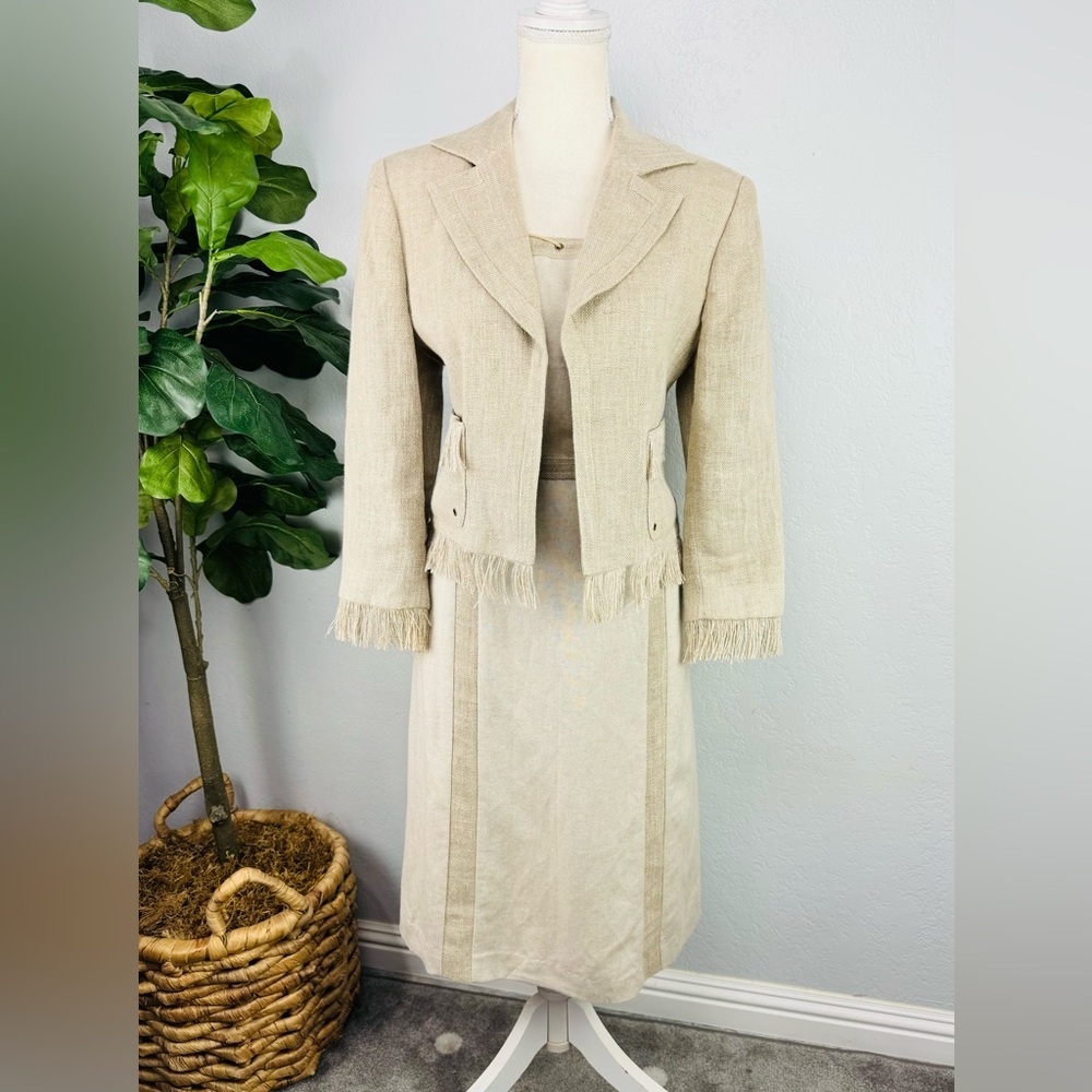Harvey Bernard 100% Khaki Linen Two Piece Strapless Dress & Linen Fringe Jacket